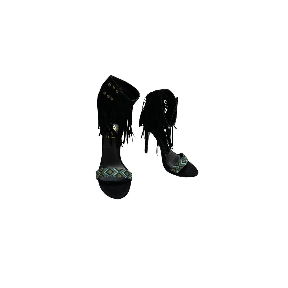 athena women black fringe ankle straps stiletto heels sandals sz 7 - Picture 9 of 11